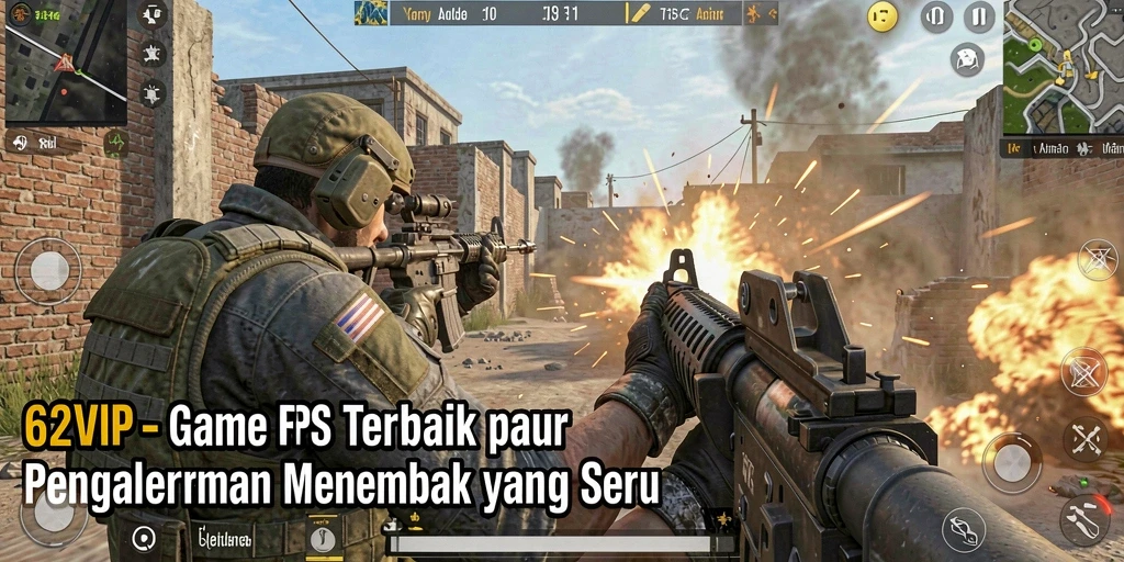 Screenshot dari gameplay menegangkan 62VIP dengan aksi tembak-menembak.
