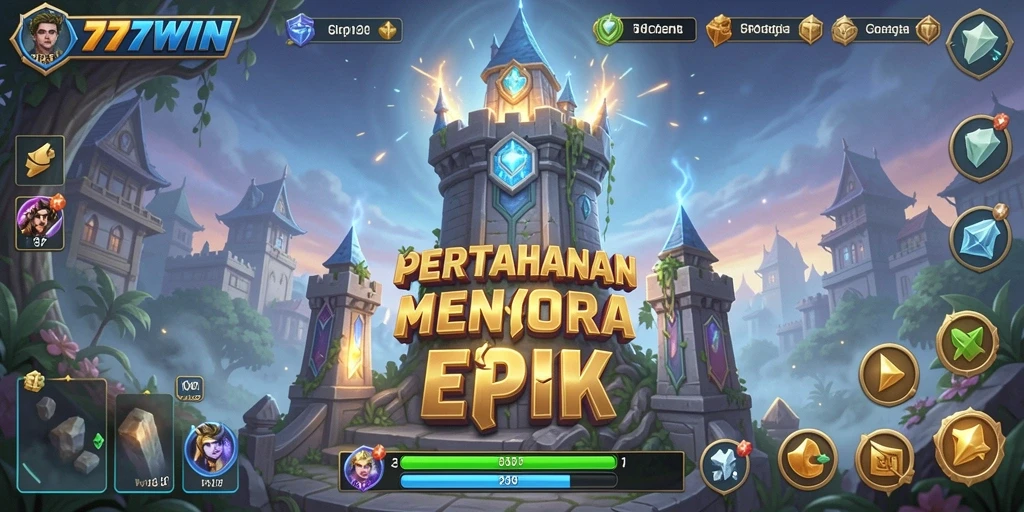 Screenshot gameplay <strong>777WIN</strong> menampilkan aksi menara pertahanan yang intens.