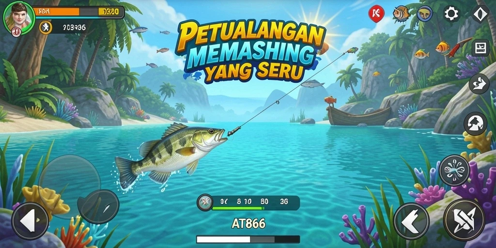 Tampilan gameplay seru dengan aksi memancing yang mendebarkan.