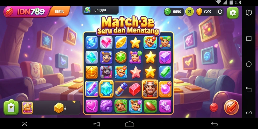 Tampilan gameplay seru dalam IDN789 dengan kecocokan item Match-3.