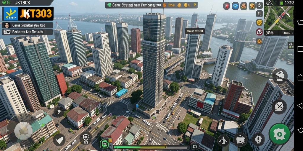 Tampilan gameplay JKT303 dengan pembangunan kota yang dinamis.