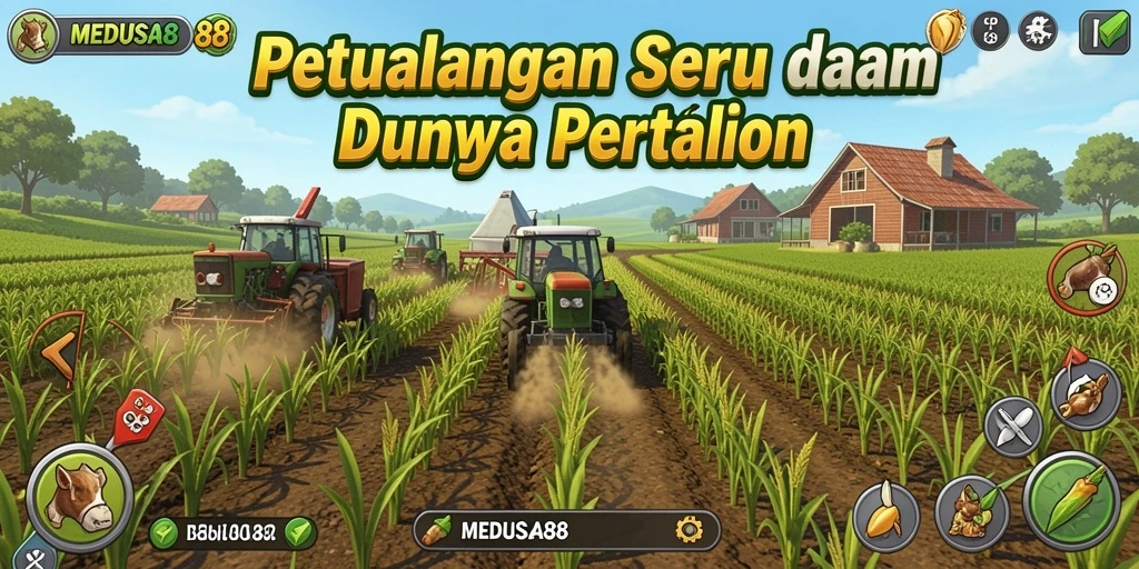 Screenshot utama gameplay MEDUSA88 dengan pemandangan ladang yang hijau.