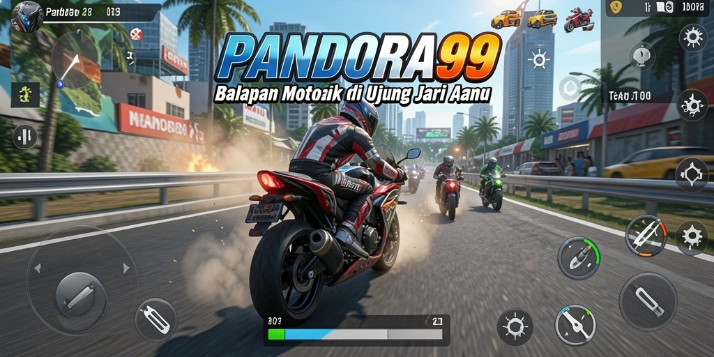 Screenshot gameplay PANDORA99 menampilkan aksi balapan motor yang mendebarkan.