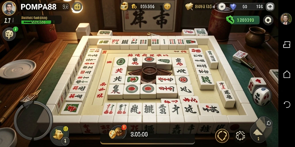 Tampilan utama gameplay POMPA88 menampilkan ubin Mahjong yang menarik.