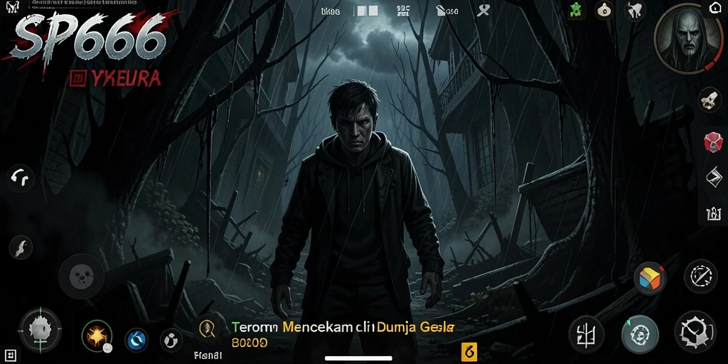 Screenshot gameplay SP666 menakutkan dengan suasana gelap.