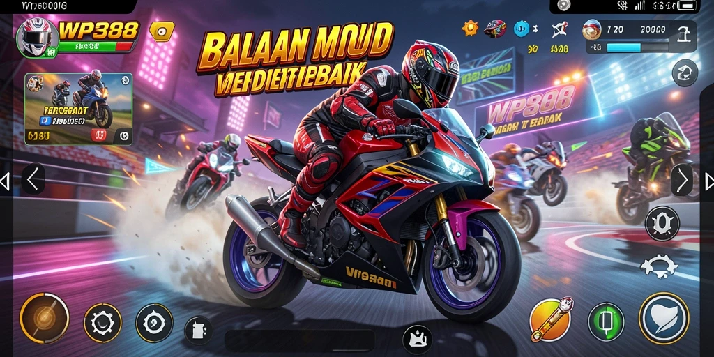 Screenshot WP888 menampilkan aksi balapan motor yang seru dan mendebarkan.